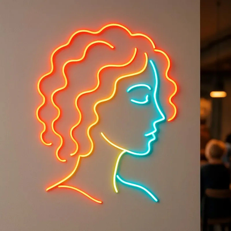 تابلو نئون فلکسی پرتره مینیمال زن (Curly Hair Woman Line-Art Neon Sign)